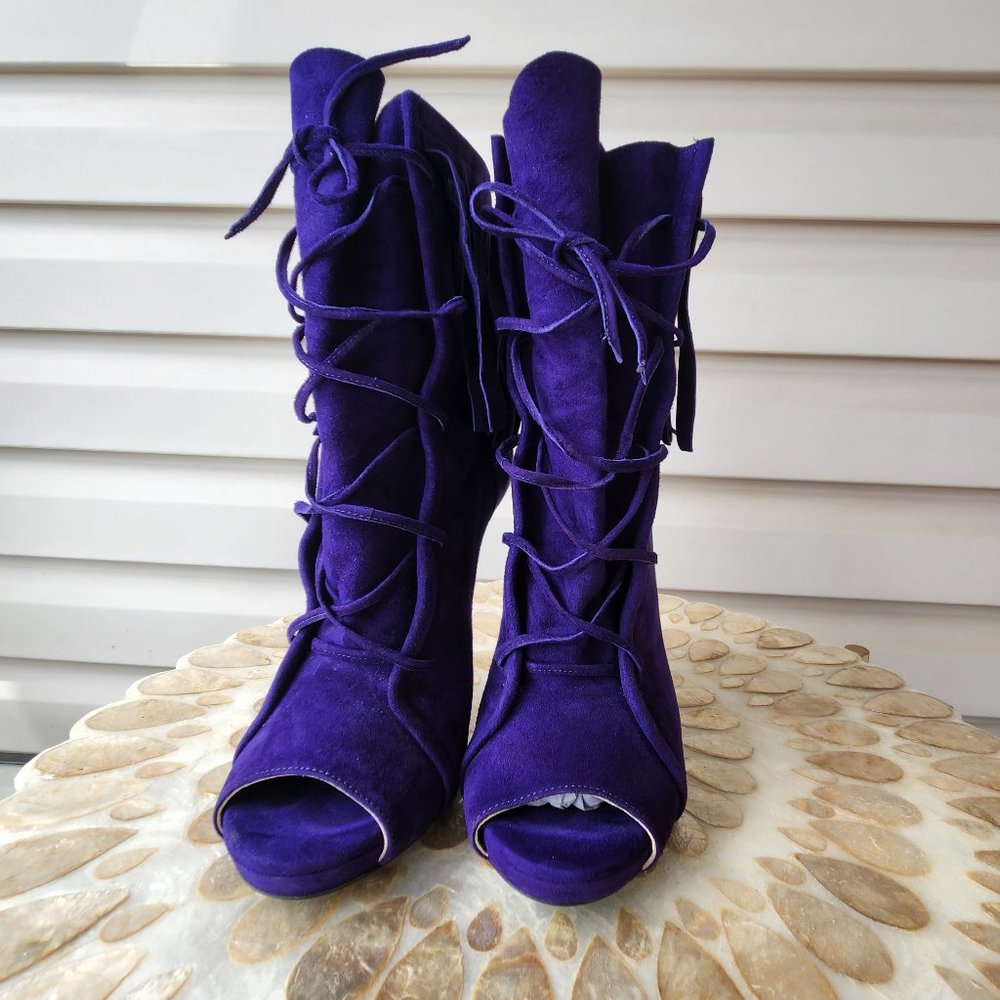 Open toe high heels boots fringed purple - Picture 3 of 5